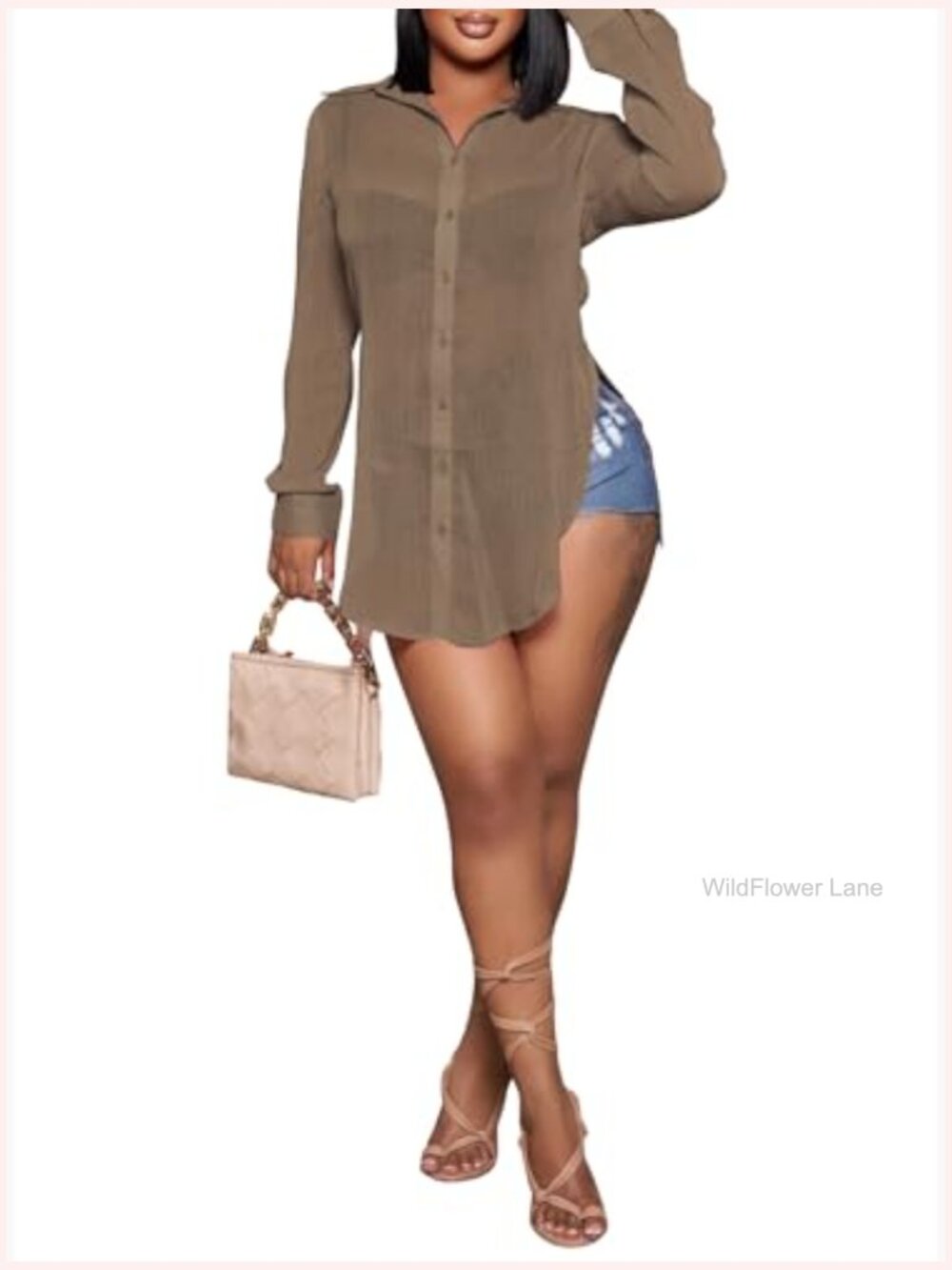Sheer Button Up Blouse Long Sleeve Mesh See Through Shirt Sexy Top - Picture 3 of 3